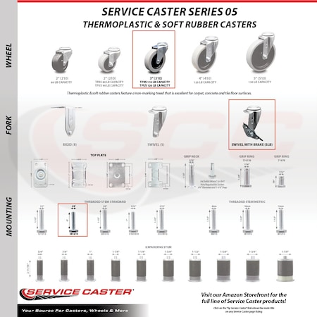 Service Caster 3 Inch Polyurethane Wheel 3/8 Threaded Stem Caster Set with Brakes SCC, 5PK SCC-TS05S310-TPUS-SLB-381610-5